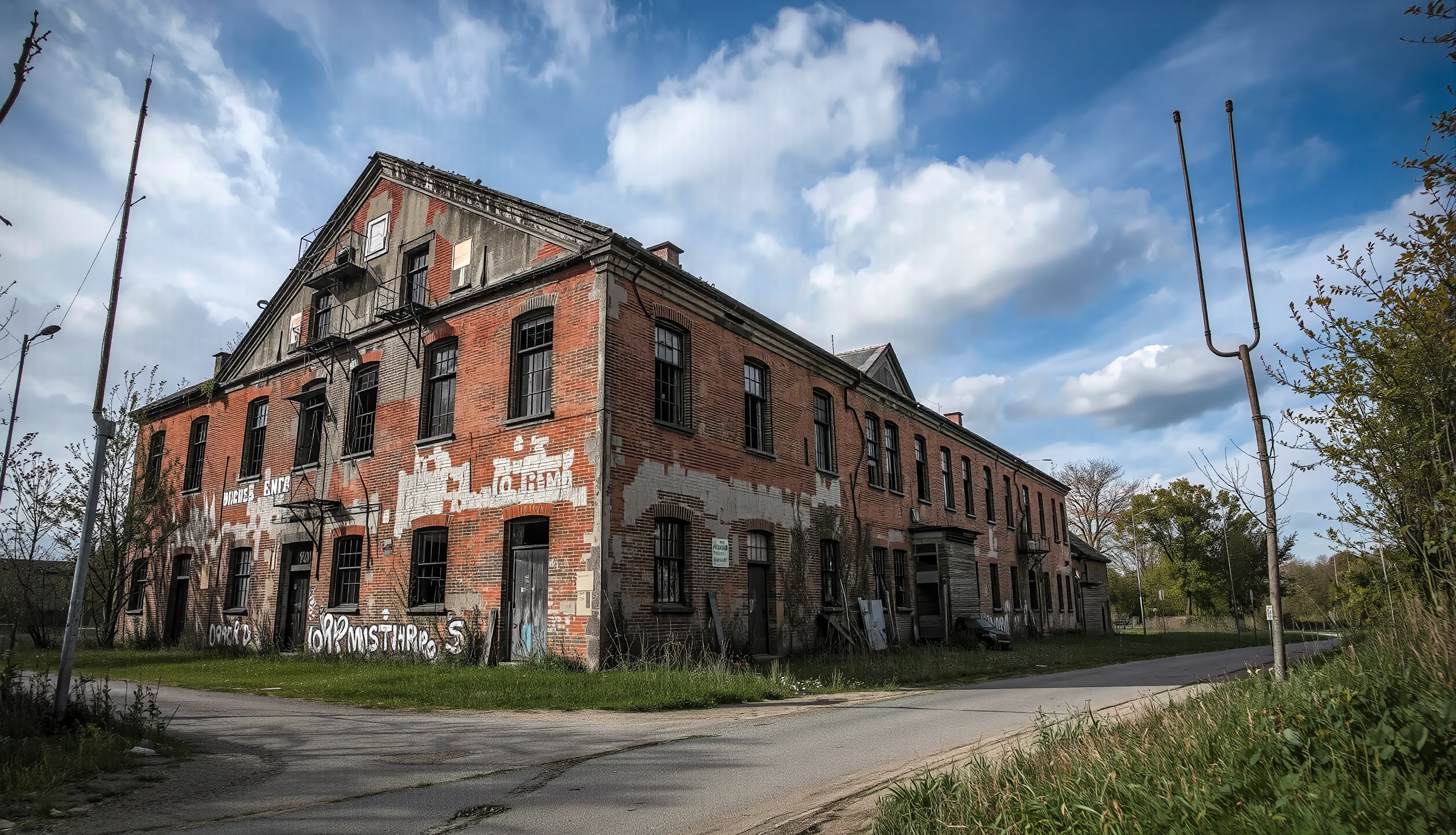 225825-street view of old industrial building abandoned in europe, from 1910s, no veget