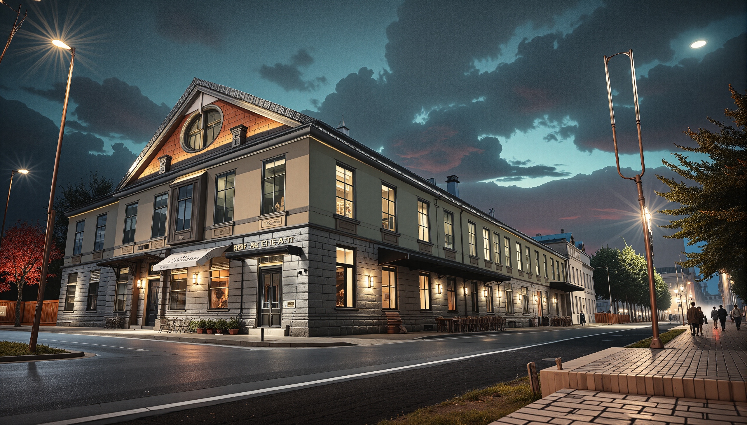 230338-cinematic film still Luxury cultural centre based in a renovated building, café